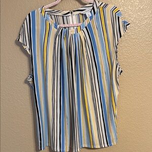 Liz Claiborne Striped Cap-Sleeve Blouse in Blue, Yellow, White & Black